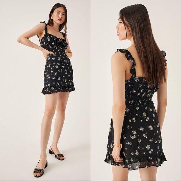 Reformation Dresses & Skirts - Reformation Silvia Mini Black Dress  Floral Ruffle Smock Size S